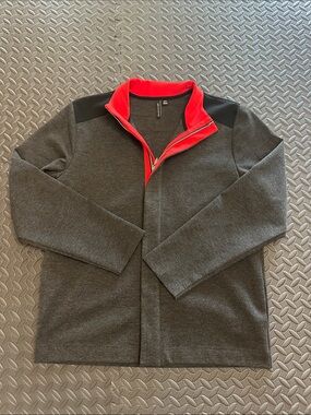 Men's Charcoal Zip-Up Sweater with Red Trim